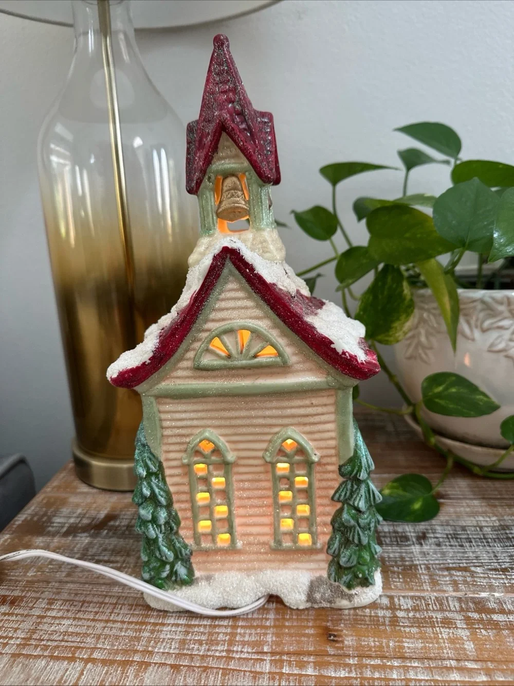 Vintage Ceramic Lighted Christmas Church Building Red Roof with Snow Trees
